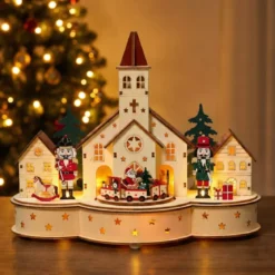 Villaggio di Natale in legno luminoso e musicale a pile (30 x H24 cm) Chiesa e schiaccianoci